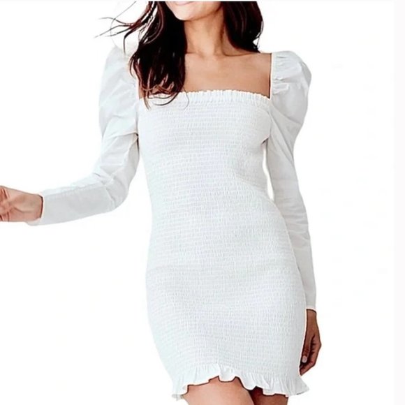 Aritzia Wilfred Smocked Maelys White Ruched Ruffle Dress - Picture 4 of 11